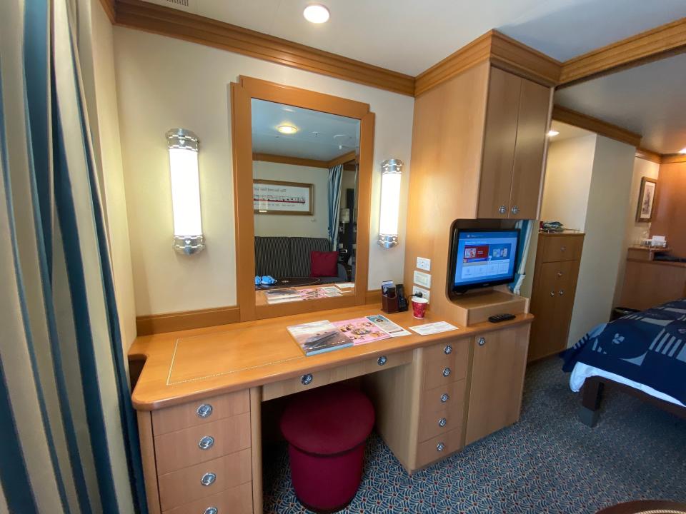 drawers, closets, and vanity in a stateroom on the disney magic cruise ship