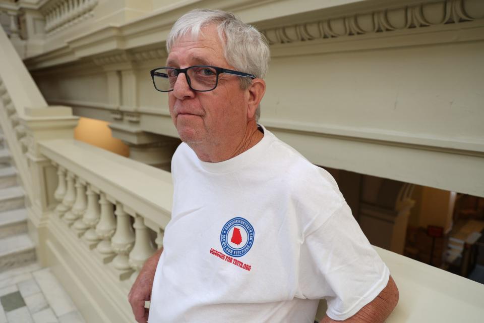 Jeff Jolly, a pecan businessman and chair of the Grady County Republican Party, stands outside a meeting of the Georgia Board of Elections where he and other advocates sought tougher election security measures.