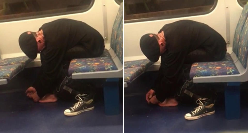 A man removed his shoes and clipped his toenails on a Melbourne train carriage. Source: g-burgerlicious / Reddit