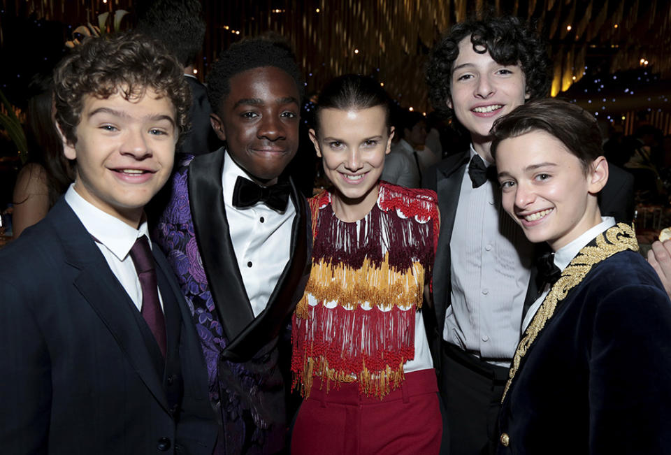 <p><em>Stranger Things</em> didn’t win. So what? The kids — Gaten Matarazzo, Caleb McLaughlin, Millie Bobby Brown, Finn Wolfhard, and Noah Schnapp — still celebrated as a pack at the Governors Ball. (Photo: Alex Berliner/Invision for the Television Academy/AP Images) </p>