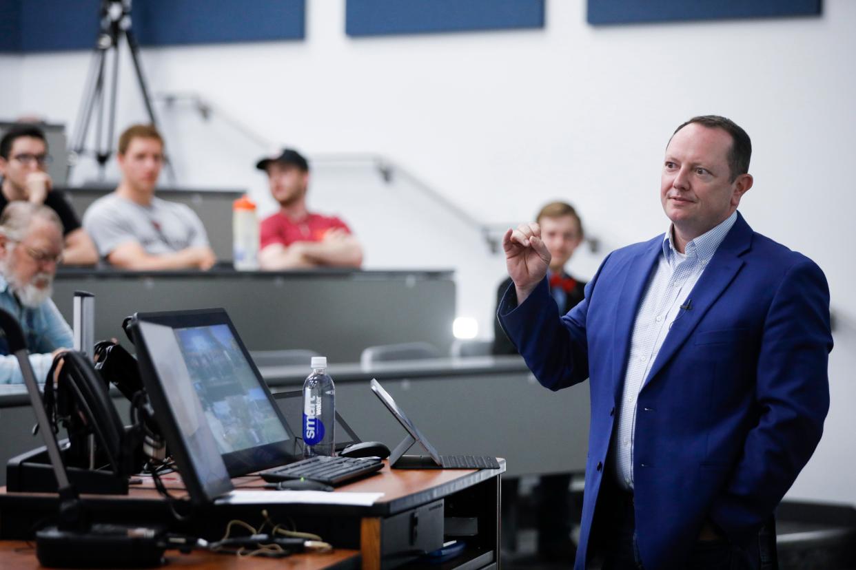 U.S. Rep. Eric Burlison speaks at Glass Hall on the campus of Missouri State on Thursday, April 13, 2023. Burlison was hosted by the Missouri State chapter of Turning Point USA.