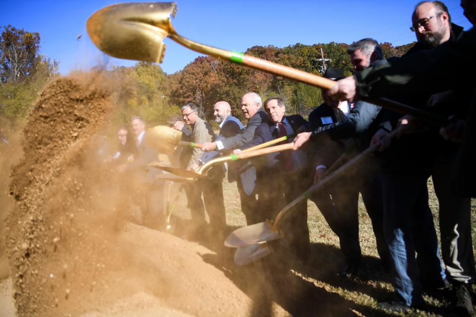 Officials break ground at the groundbreaking ceremony of the new City of Oak Ridge water treatment plant, Wednesday, Oct. 19, 2022.