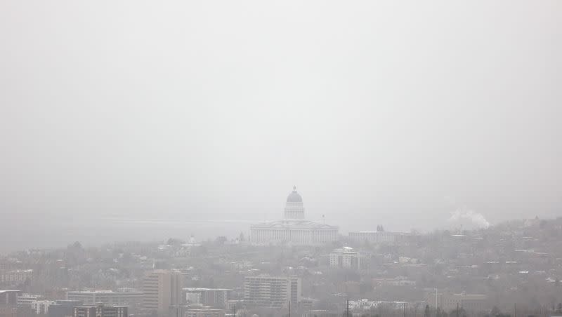 Visibility is limited as dust blows over Salt Lake City during a windstorm on Tuesday, April 18, 2023. Northern Utah suffers from poor air quality, according to reports.