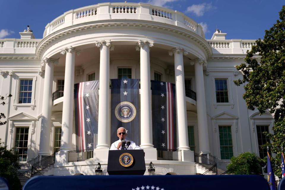 President Joe Biden speaks about the Inflation Reduction Act of 2022 during a ceremony on the South Lawn of the White House in Washington on Sept. 13.