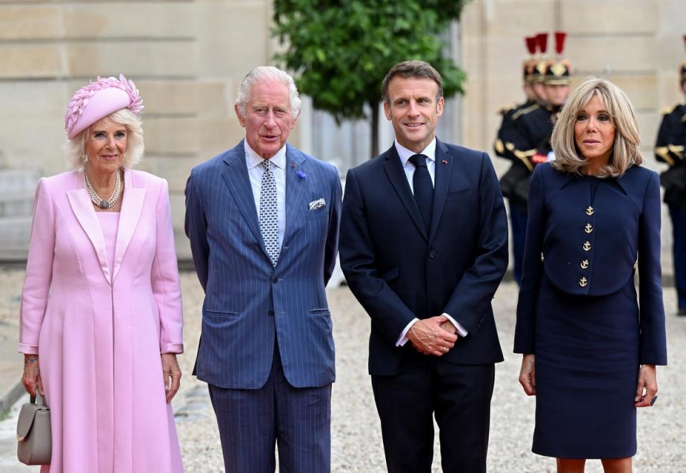 Queen Camilla, King Charles III, Emmanuel Macron and Brigitte Macron at the Elysee Palace (Samir Hussein/WireImage)