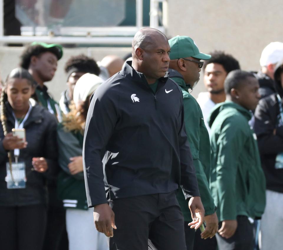 Michigan State head coach Mel Tucker watches his team warm up before the game Saturday, Oct. 8, 2022 against the Ohio State Buckeyes at Spartan Stadium.