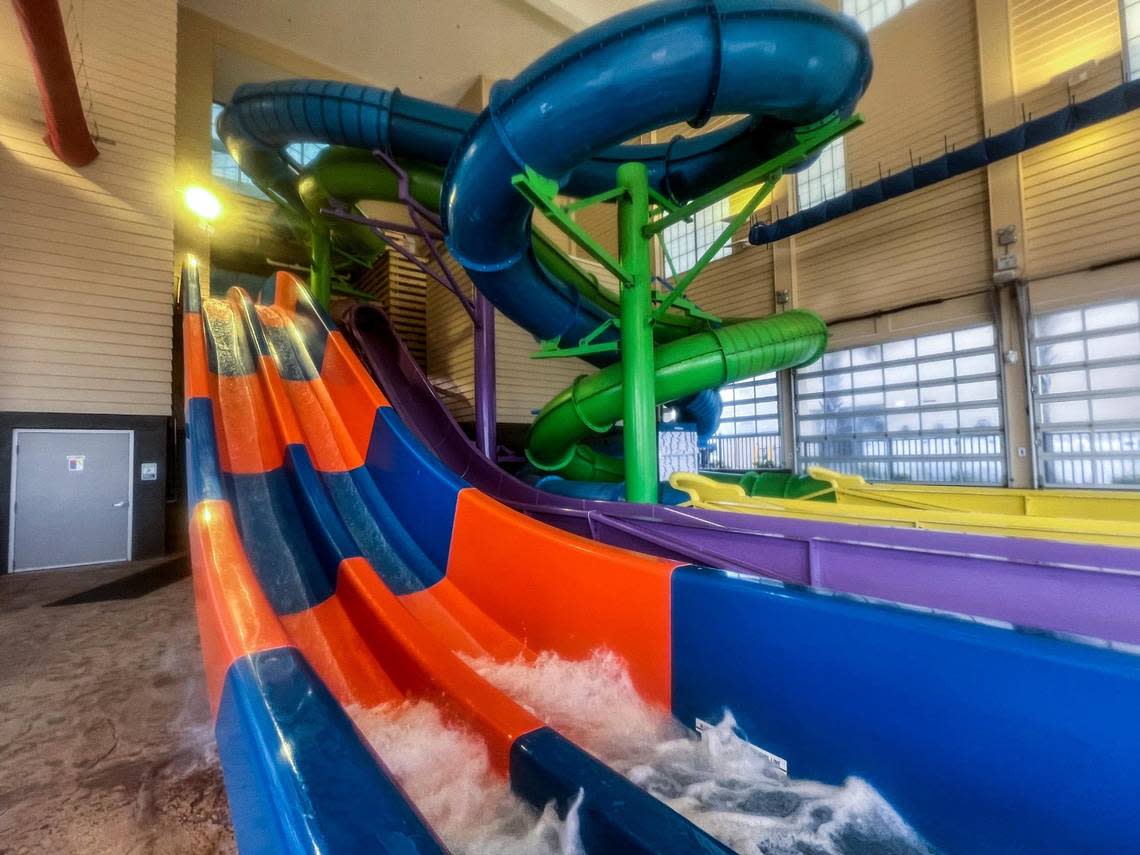 Four indoor slides at The Breaker’s Resort in Myrtle Beach are available to children over 48 inches tall. Myrtle Beach area resorts with indoor water features are a draw for off-season tourism. December 12, 2022.