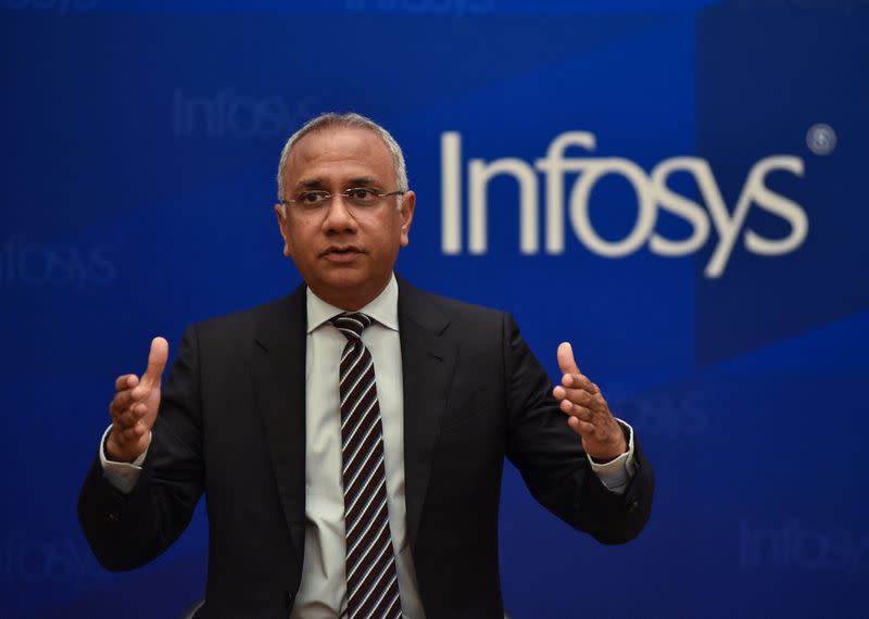 Infosys CEO and Managing Director Salil Parekh speaks during the press conference announcing the company's quarterly results in Bengaluru