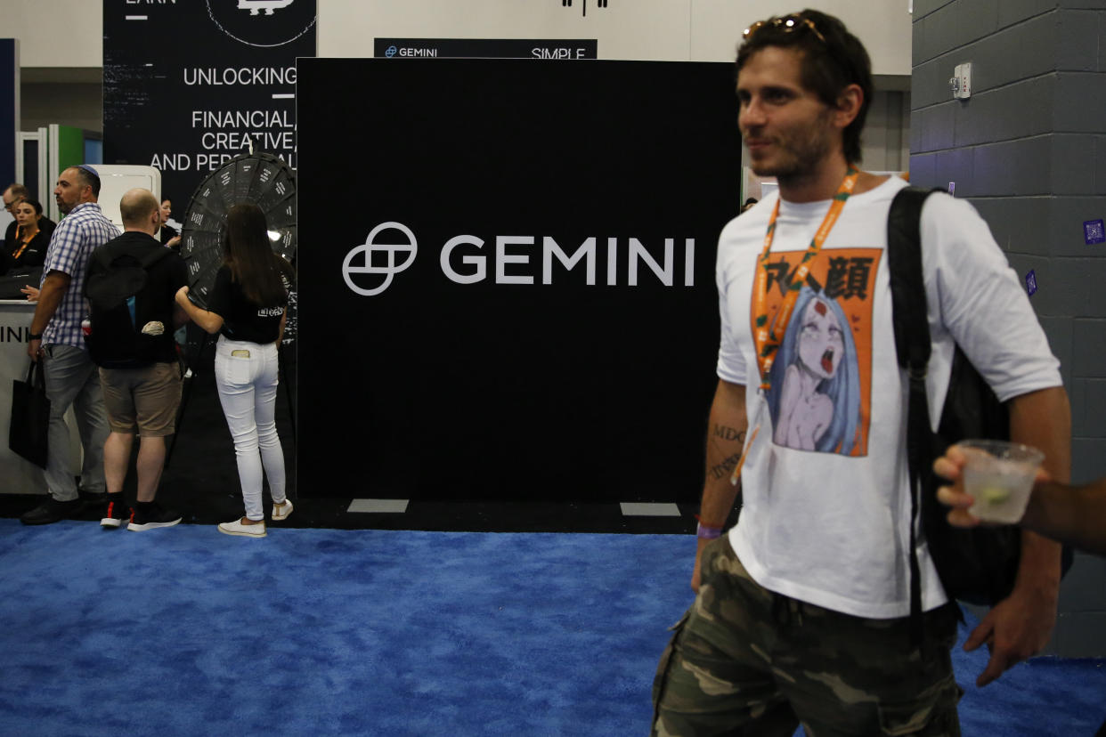 MIAMI, FLORIDA - APRIL 7:  The logo of Gemini Trust Company is seen at its stand in the exhibition hall during the Bitcoin 2022 Conference at Miami Beach Convention Center on April 7, 2022 in Miami, Florida. The worlds largest bitcoin conference runs from April 6-9, expecting over 30,000 people in attendance and over 7 million live stream viewers worldwide.(Photo by Marco Bello/Getty Images)
