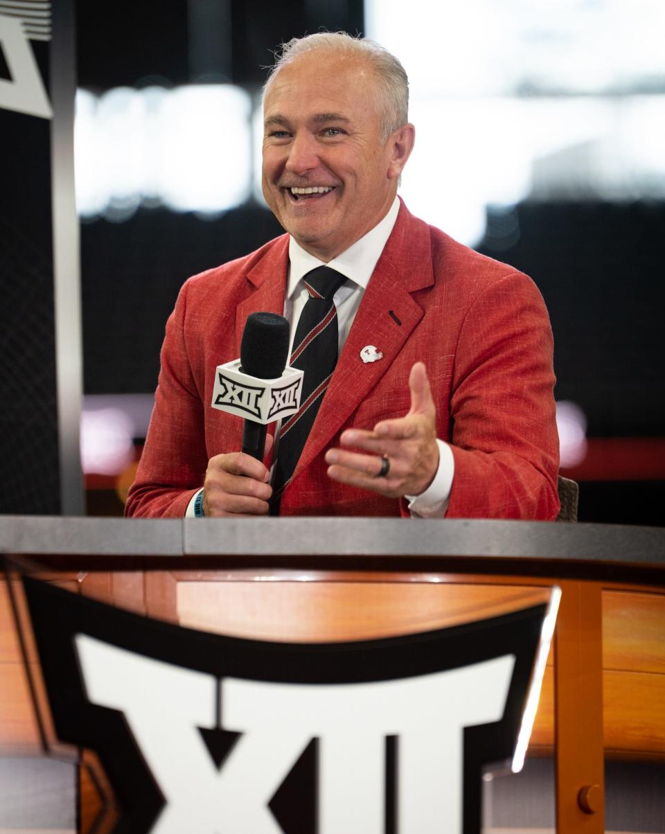 Texas Tech Head Coach Joey McGuire talks with ESPN on the second day of Big 12 Media Days in AT&T Stadium in Arlington, Texas, July 13, 2023. 