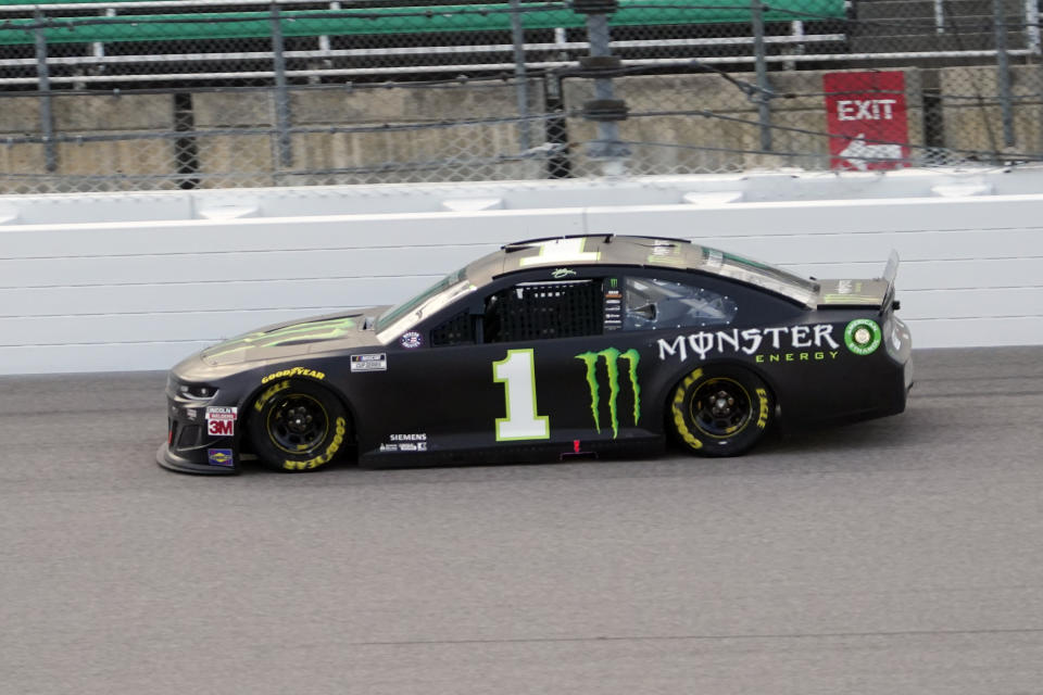 Kurt Busch drives during a NASCAR Cup Series auto race at Kansas Speedway in Kansas City, Kan., Thursday, July 23, 2020. (AP Photo/Charlie Riedel)