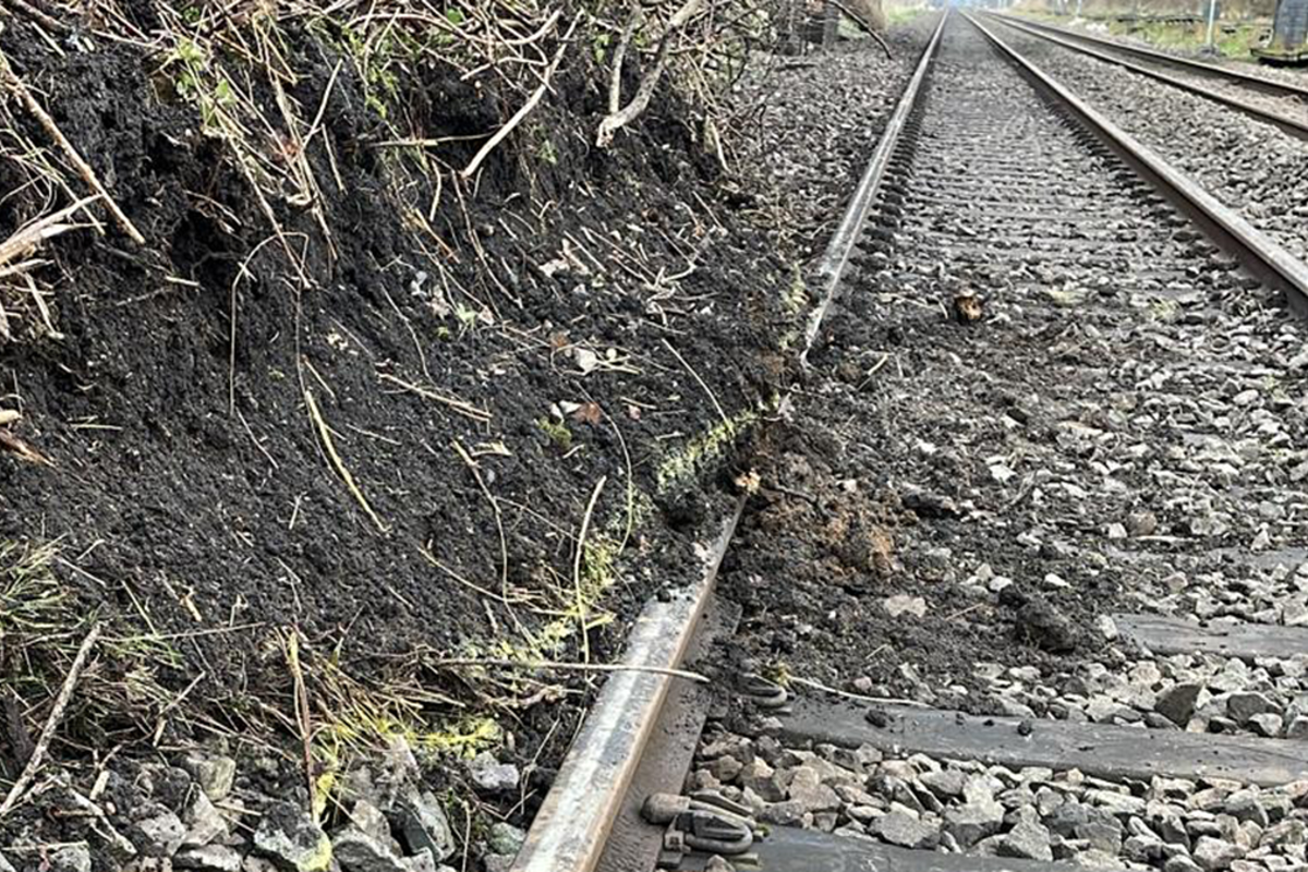 A landslip next to rail tracks near Rugby