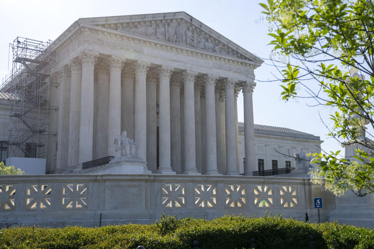 The Supreme Court is seen, Friday, April 21, 2023, ahead of an abortion pill decision in Washington. (AP Photo/Jacquelyn Martin)