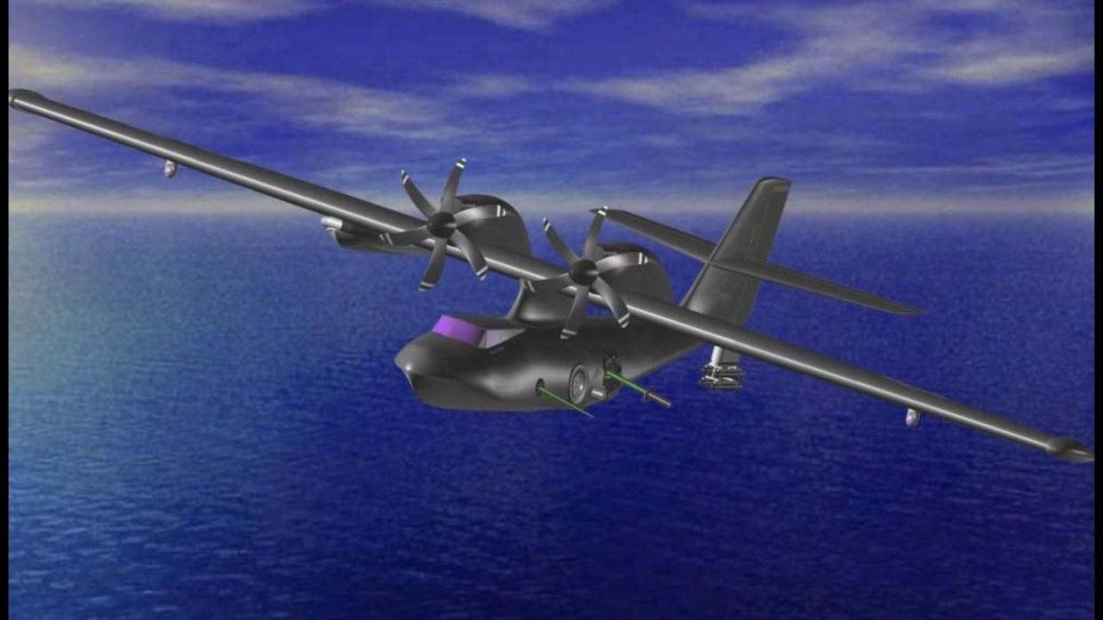 concept art of proposed next generation amphibious aircraft or the catalina ii with new turboprop engines mounted on top of the parasol wing