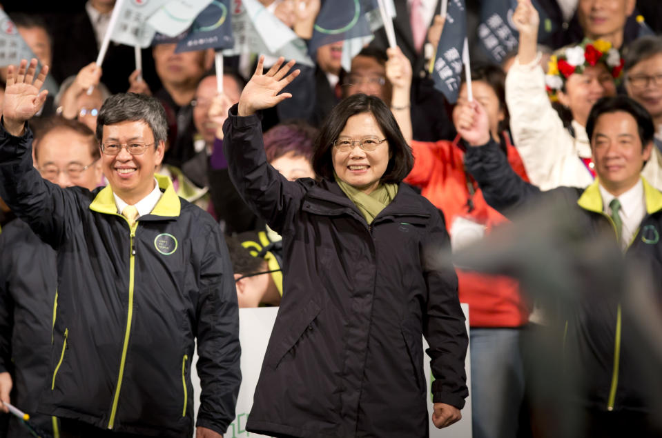 TAIPEI, TAIWAN - JANUARY 16:  President-elect Tsai Ing-wen waves supporters at DPP headquarter on January 16, 2016 in Taipei, Taiwan. Tsai Ing-wen, the chairwoman of the opposition Democratic Progressive Party, won the presidential election to become the Taiwan's first female leader.  (Photo by Ashley Pon/Getty Images)