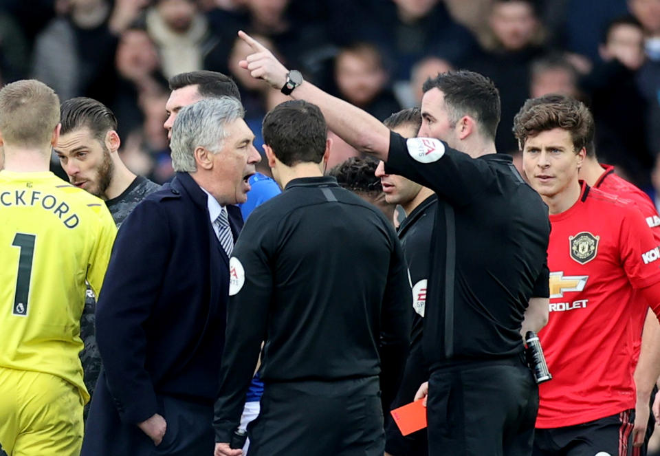 Soccer Football - Premier League - Everton v Manchester United - Goodison Park, Liverpool, Britain - March 1, 2020  Everton manager Carlo Ancelotti is shown a red card by referee Chris Kavanagh after the match  Action Images via Reuters/Carl Recine  EDITORIAL USE ONLY. No use with unauthorized audio, video, data, fixture lists, club/league logos or "live" services. Online in-match use limited to 75 images, no video emulation. No use in betting, games or single club/league/player publications.  Please contact your account representative for further details.