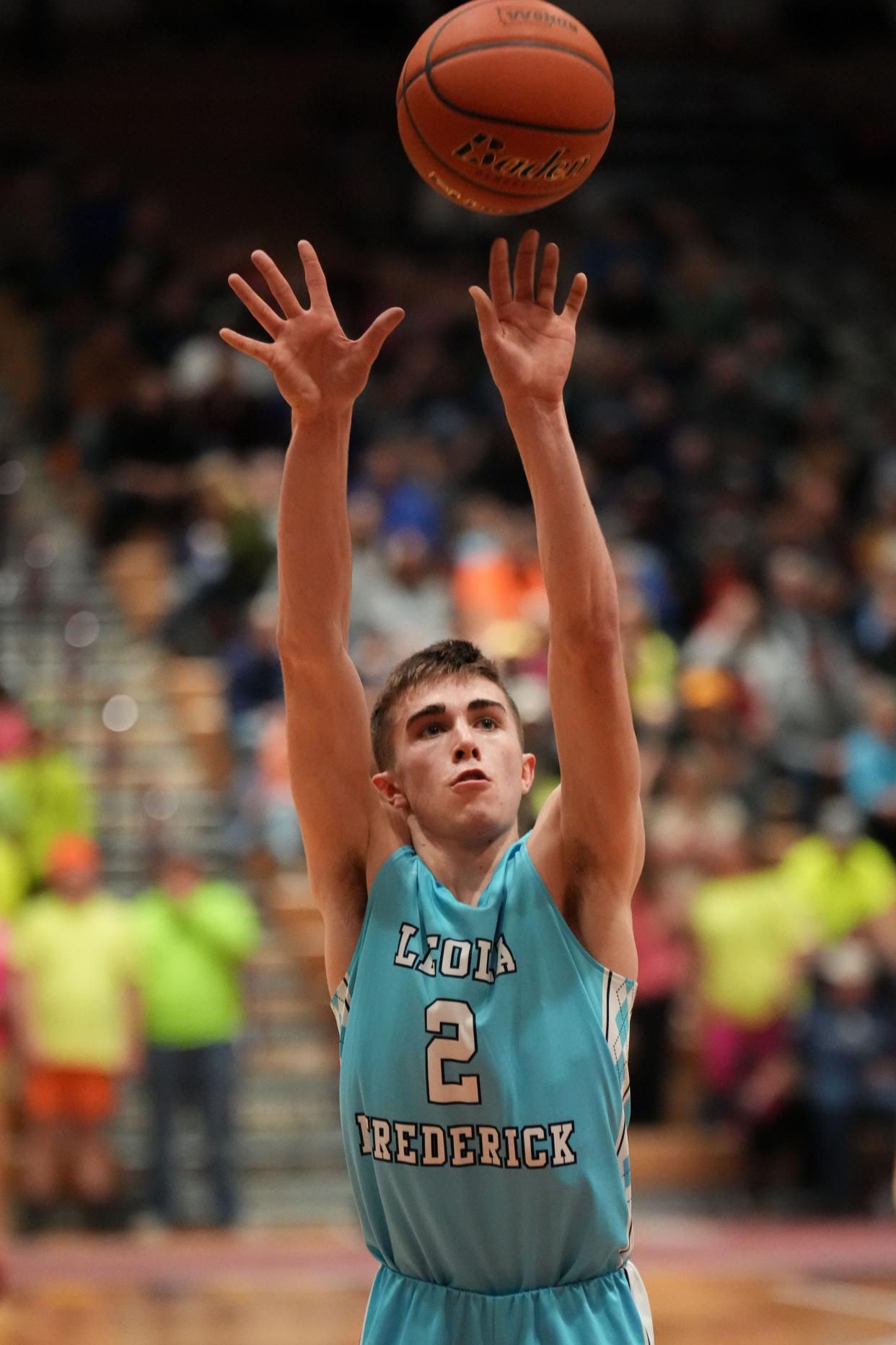 Leola-Frederick Area's Brayden Sumption shoots a free throw during their opening-round game against Castlewood in the state Class B boys basketball tournament on Thursday, March 14, 2024 in the Barnett Center at Aberdeen. Castlewood won 72-67.