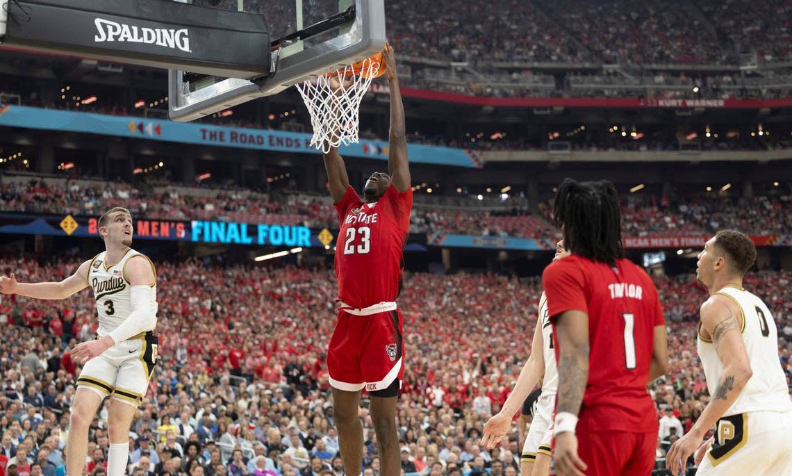 N.C. State’s Mohamed Diarra (23) misses a dunk int he first half against Purdue in the NCAA Final Four National Semifinal game on Saturday, April 6, 2024 at State Farm Stadium in Glendale, AZ. Robert Willett/rwillett@newsobserver.com