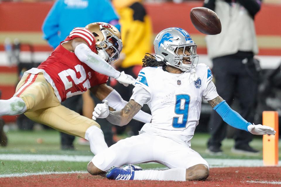 Lions wide receiver Jameson Williams misses a pass intended for him against 49ers safety Ji'Ayir Brown during the second half of the Lions' 34-31 loss in the NFC championship game in Santa Clara, California, on Sunday, Jan. 28, 2024.