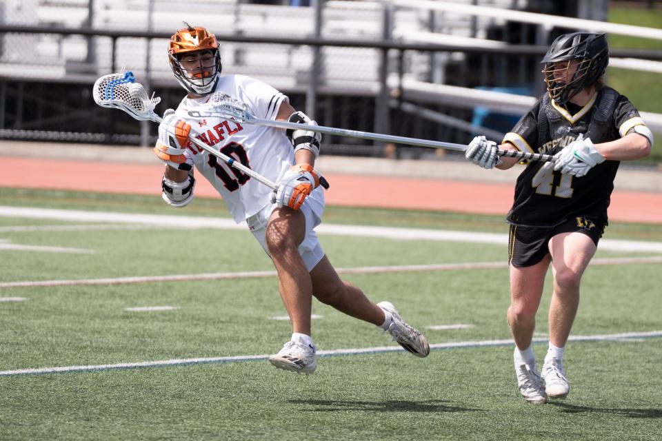 Apr 6, 2024; Tenafly, NJ, USA; West Milford boys lacrosse at Tenafly. T #10 Coby Cohen and WM #41 Stephen Dellagicoma.