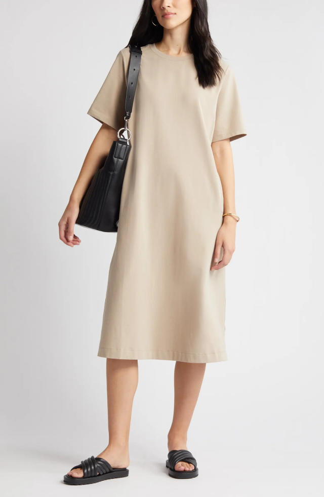 This cotton t-shirt dress comes in a variety of versatile neutrals, including this nude beige colour. 