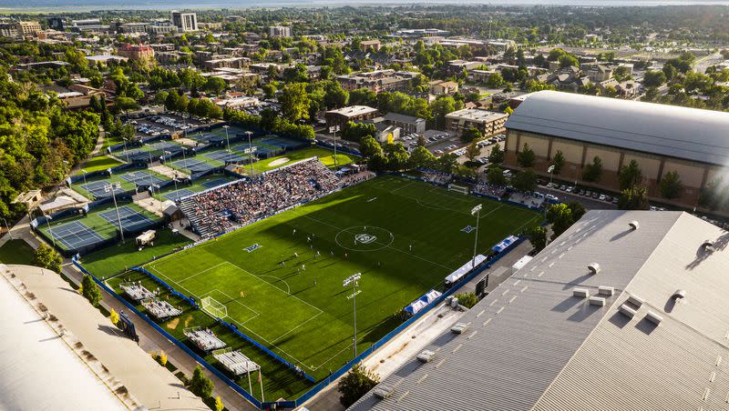 Fans fill the stands of South Field for the BYU-Saint Louis soccer game on Aug. 18, 2023 in Provo. A full house is expected tonight when the No. 1-ranked Cougars begin Big 12 play against the TCU Horned Frogs.