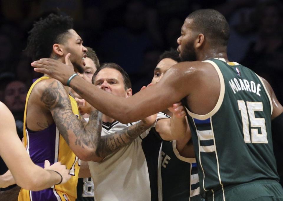 Greg Monroe and Brandon Ingram was an interesting undercard to the Nick Young-Malcolm Brogdon dust-up. (AP)