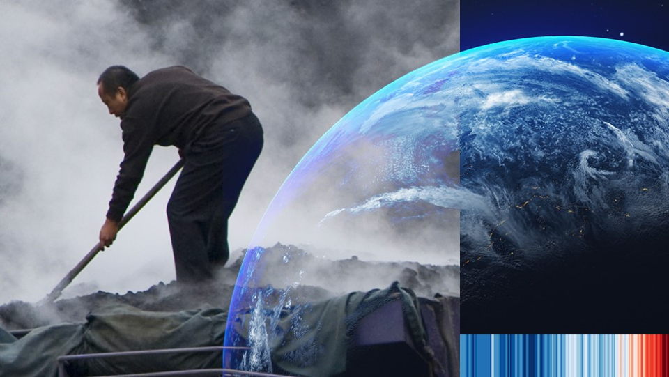 Graphic composite of man working with coal