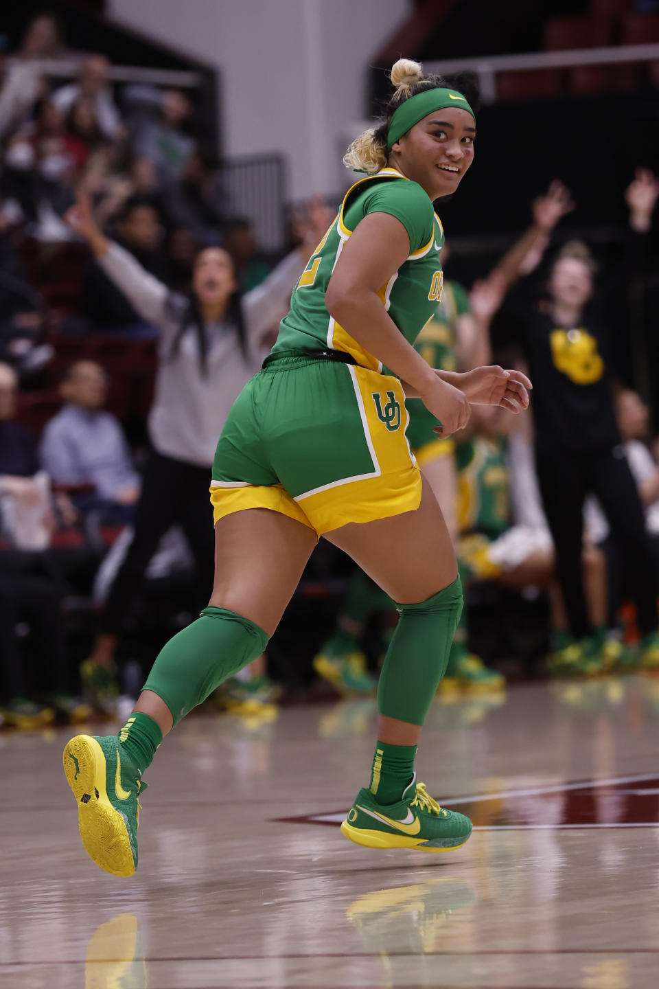 Oregon guard Te-Hina Paopao reacts after scoring a three pointer during the first half of an NCAA college basketball game against Stanford on Sunday, Jan. 29, 2023, in Stanford, Calif. (AP Photo/Josie Lepe)
