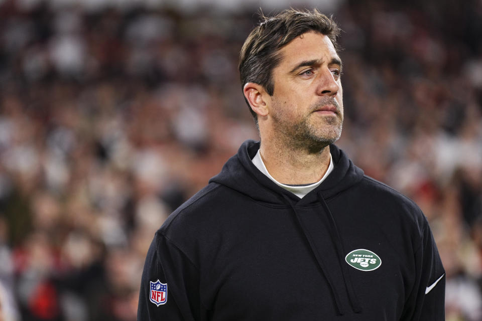 CLEVELAND, OH - DECEMBER 28: Aaron Rodgers #8 of the New York Jets looks on on from the sideline prior to an NFL football game against the Cleveland Browns at Cleveland Browns Stadium on December 28, 2023 in Cleveland, Ohio. (Photo by Cooper Neill/Getty Images)