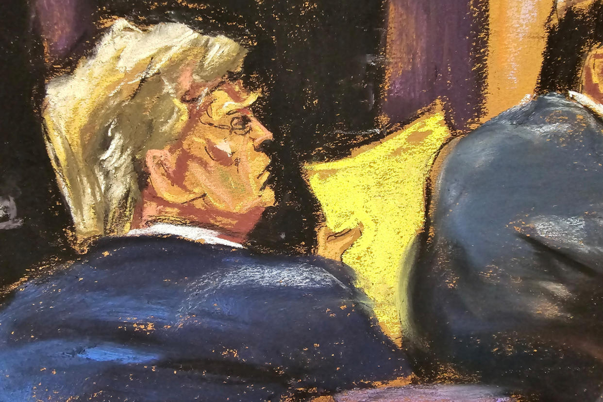 Former president Trump at his hush money trial in Manhattan on May 21 in this courtroom sketch.