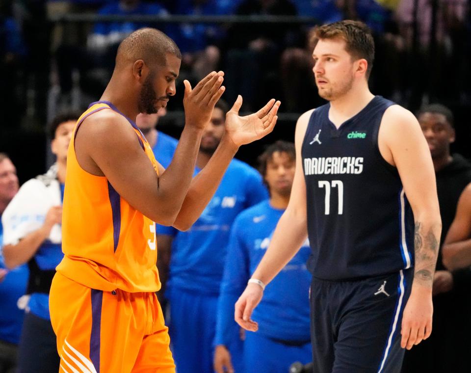 May 8, 2022; Dallas, Texas, USA;  Phoenix Suns guard Chris Paul (3) reacts after fouling out of the game against the Dallas Mavericks during game four of the second round for the 2022 NBA playoffs at American Airlines Center.