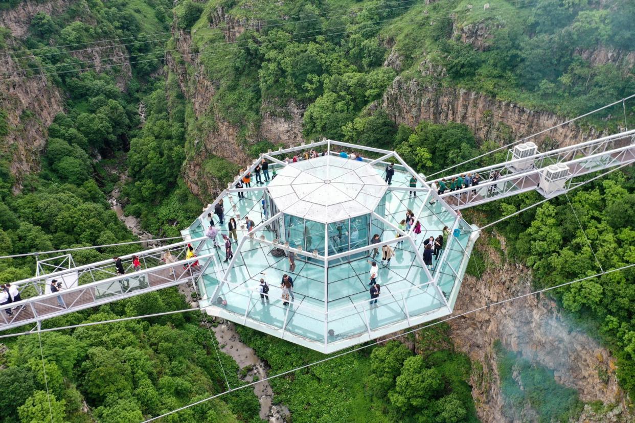 240-meter long glass bridge over the Tsalka canyon, with a diamond-shaped café in the middle outside the city of Tsalka