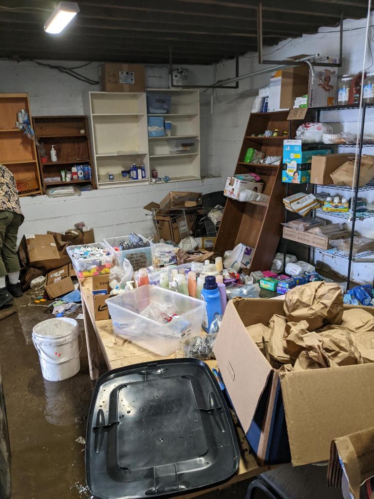 Some of the July 21 flood damage at Mutual Aid Space Knox. “We’re out of that space,” says volunteer Sarah Carman. “There’s still four feet of water.” July 22, 2022