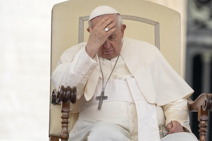 Pope Francis pauses during his weekly general audience in the St. Peter's Square at the Vatican, Wednesday, May 17, 2023. (AP Photo/Andrew Medichini)