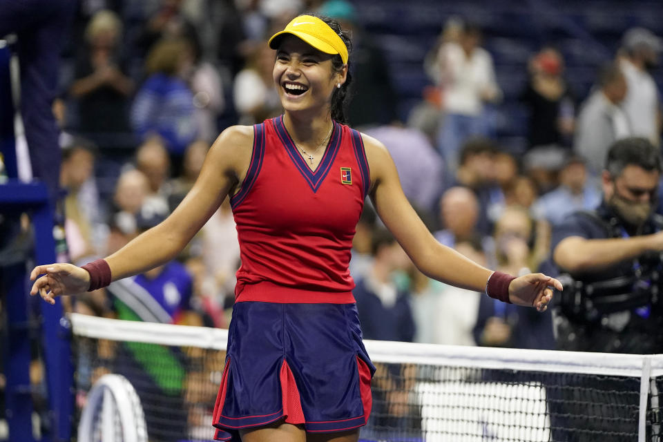 Emma Raducanu, of Great Britain, reacts after defeating Maria Sakkari, of Greece, during the semifinals of the US Open tennis championships, Thursday, Sept. 9, 2021, in New York. (AP Photo/Frank Franklin II)