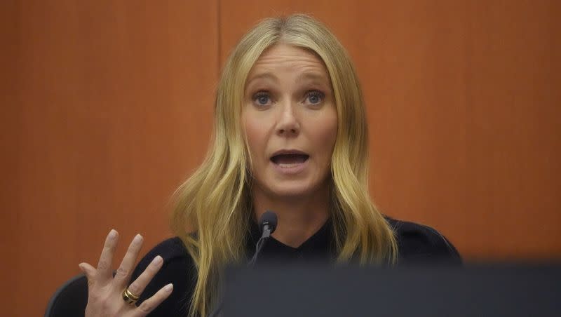 Gwyneth Paltrow testifies during her trial, Friday, March 24, 2023, in Park City, Utah. Paltrow is accused in a lawsuit of crashing into a skier during a 2016 family ski vacation, leaving him with brain damage and four broken ribs.