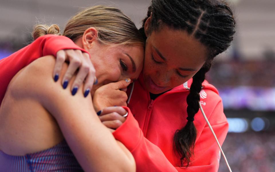 Chari Hawkins of United States with Katarina Johnson-Thompson of Britain