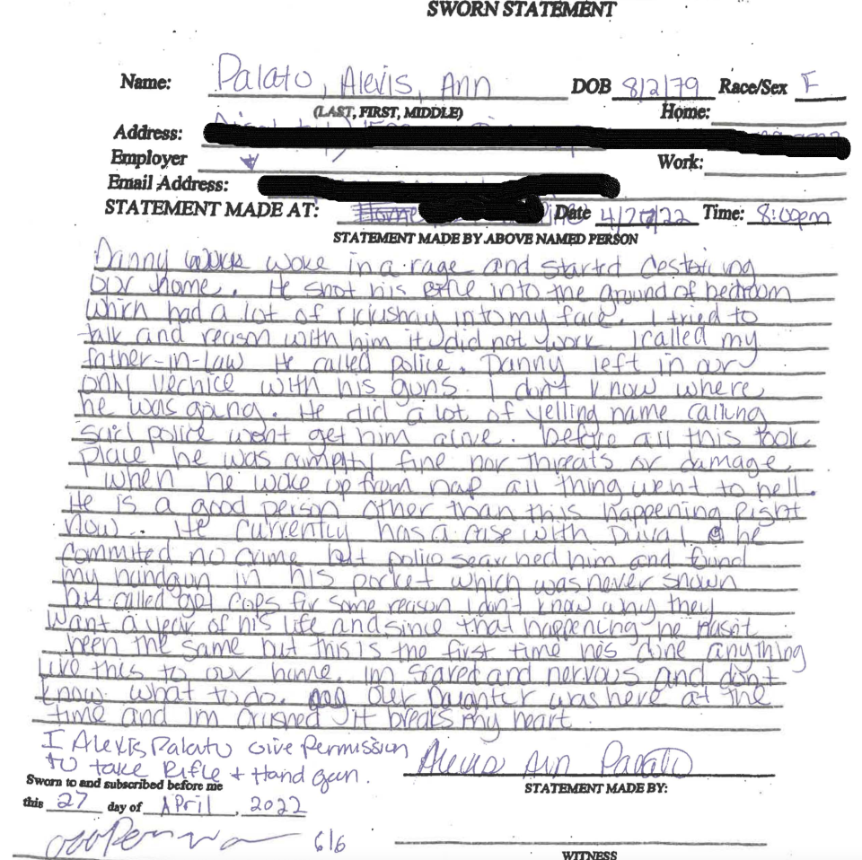 This is Alexis Palato's written statement given to Orange Park police about her husband's actions on April 27, 2022, before he led Clay County deputies on a chase that resulted in him being shot and killed.