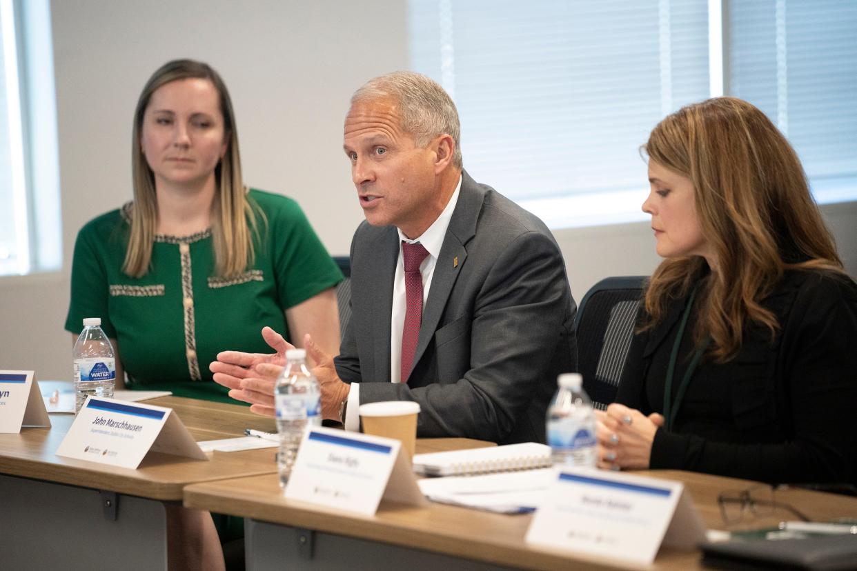 Dublin City Schools Superintendent Dr. John Marschhausen speaks at a roundtable discussion with schools from across the state to discuss how their cellphone policies have created a better learning environment for students and how other Ohio schools could implement their own policies.