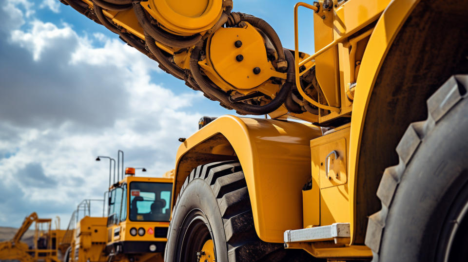 A closeup view of a rough terrain crane in use, showing the strength of the machinery.