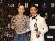 Chinese actress Zhang Ziyi, left, and actor Nick Cheung Ka-fai pose after winning the Best Actress award for her movie “The Grandmaster” and Best Actor awards for his movie “Unbeatable” at the 33rd Hong Kong Film Awards in Hong Kong Sunday, April 13, 2014. (AP Photo/Kin Cheung)