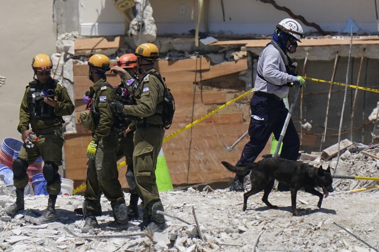 In this July 2, 2021, photo, a dog aiding in the search walks past a team of Israeli search and rescue personnel, left, atop the rubble at the Champlain Towers South condominium in Surfside, Fla.