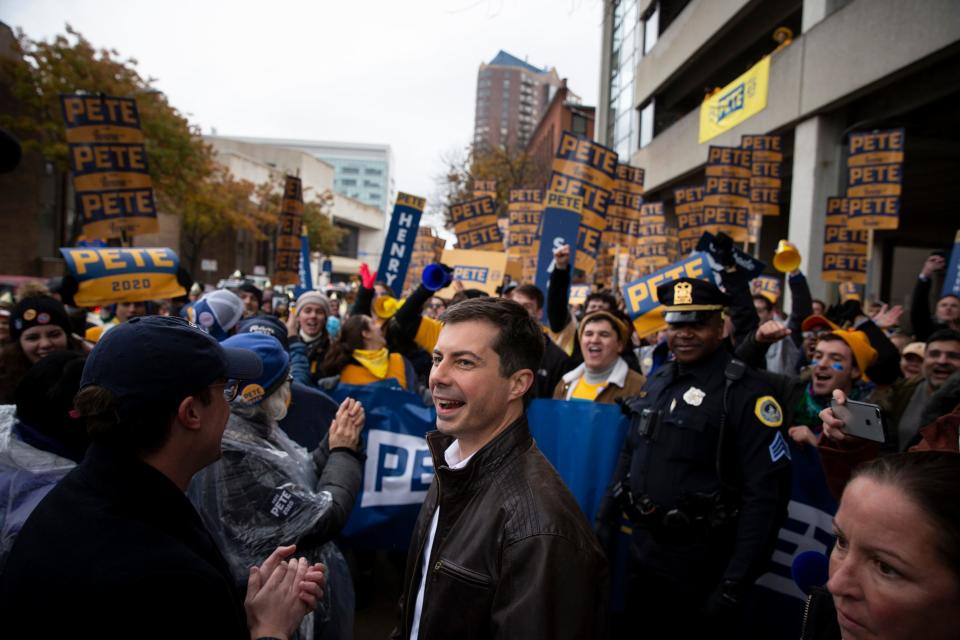 South Bend Indiana Mayor and 2020 Democratic presidential candidate Pete Buttigieg leads a march to the Iowa Democratic Party's 2019 Liberty and Justice Dinner on Friday, Nov. 1, 2019 in Des Moines. 