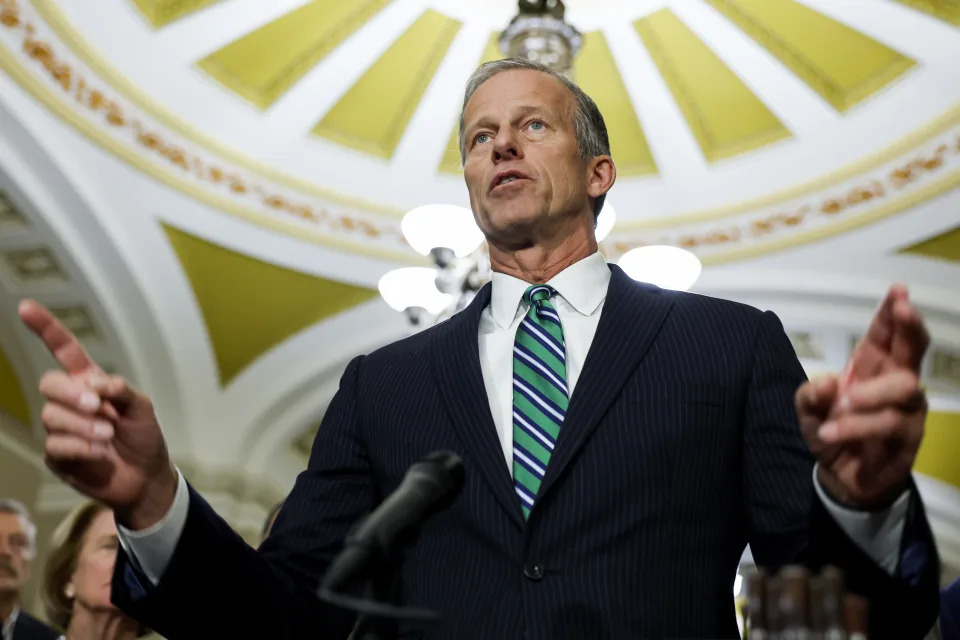 WASHINGTON, DC - APRIL 18: Sen. John Thune (R-SD) speaks during a news conference following the Senate Republican weekly policy luncheons at the U.S. Capitol Building on April 18, 2023 in Washington, DC. During the news conference, Senate Republicans spoke on topics ranging from the debt ceiling and inflation. (Photo by Anna Moneymaker/Getty Images)