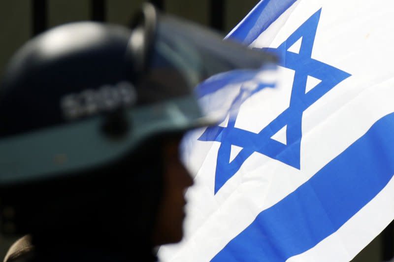 Pro-Israeli counter-protesters hold a rally outside of Columbia University in New York on Friday. Photo by John Angelillo/UPI