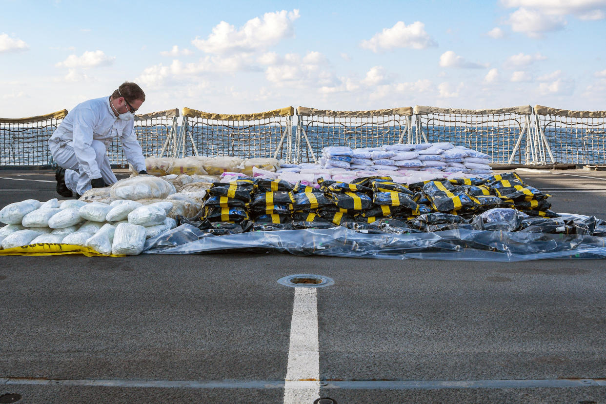 More than one tonne of drugs worth more than £15m has been seized by the Royal Navy in its first bust of the year. (SWNS)