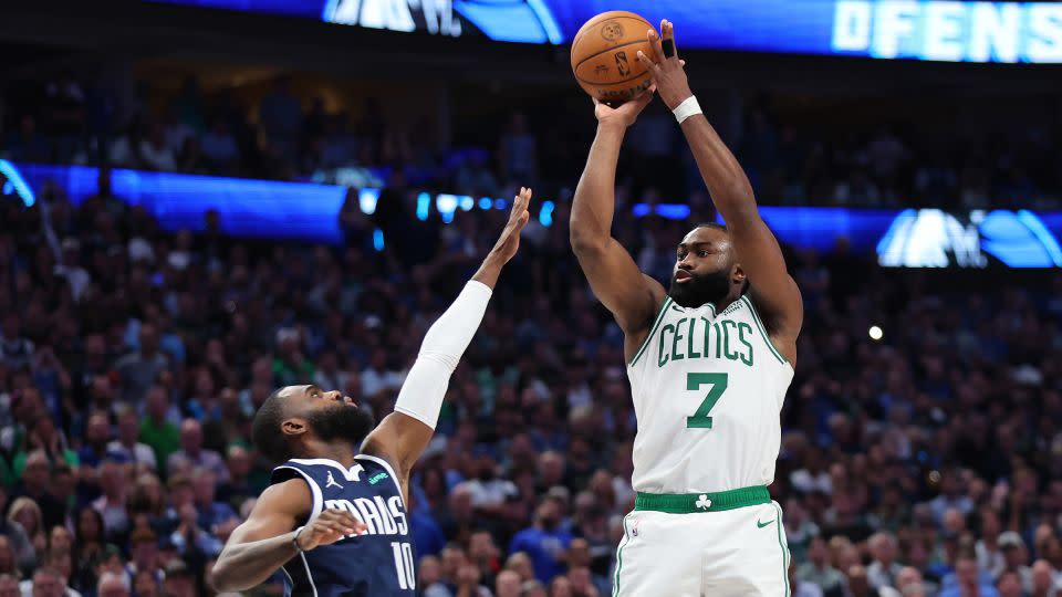 Boston's Jaylen Brown, right, scored 30 points in Wednesday's game. - Stacy Revere/Getty Images