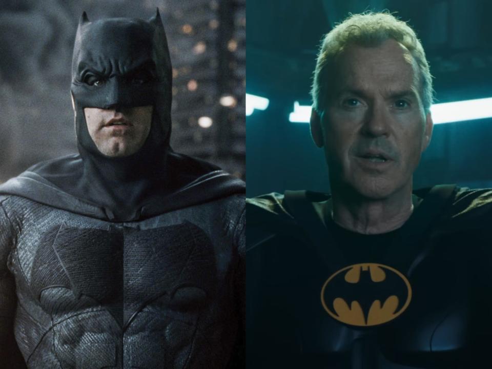 Ben Affleck as Batman in "Justice League," and Michael Keaton as Batman in "The Flash."