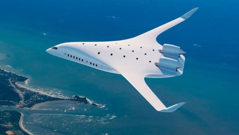 Los aviones de ala combinada podrían reducir las emisiones de carbono. Esta representación muestra un diseño de JetZero, con sede en California, cuyo objetivo es tener un avión en servicio para 2030. (Crédito: JetZero)